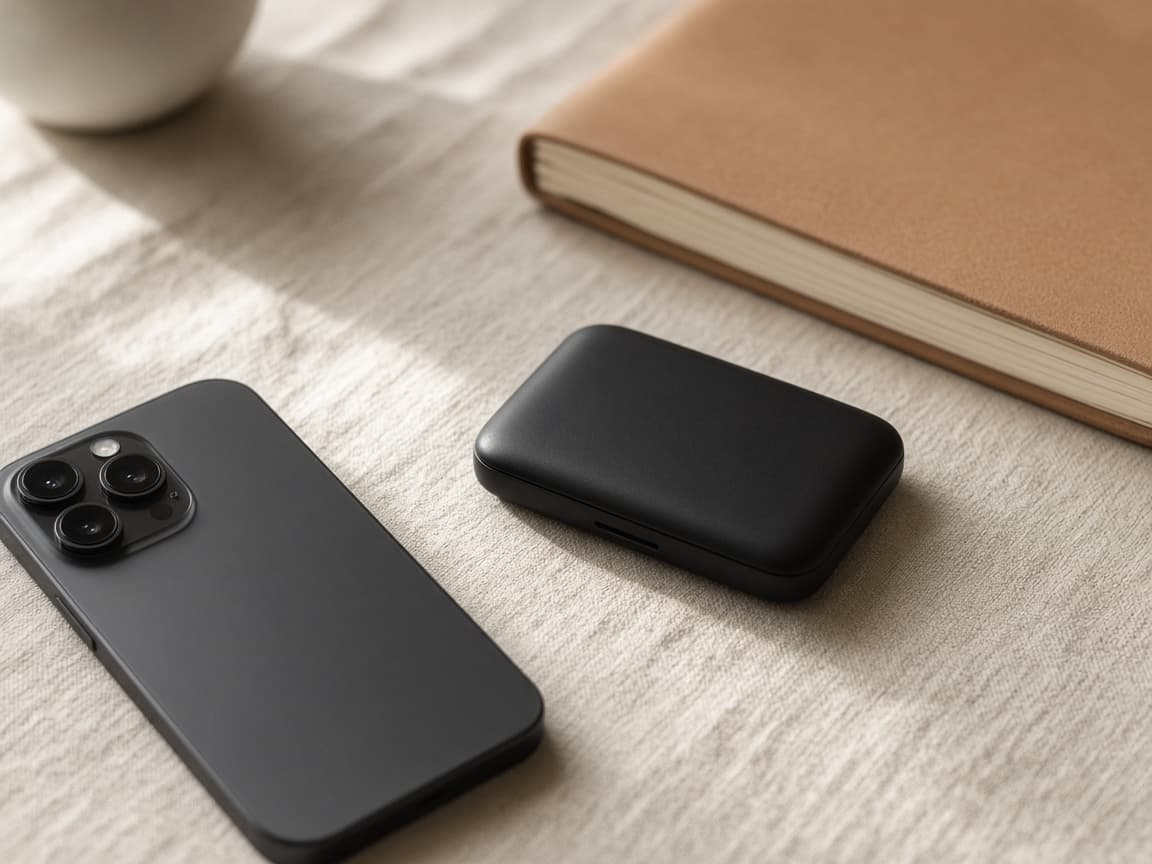 A phone and a hardware wallet on a desk