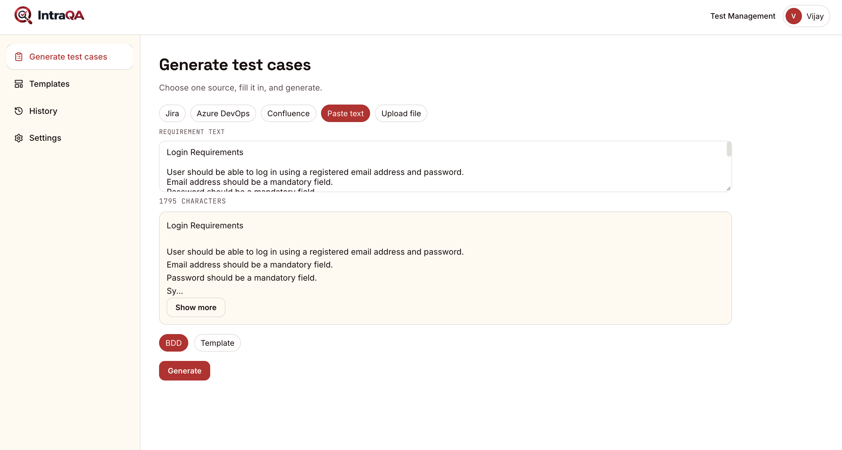 IntraQA AI agent generating test cases from requirement text