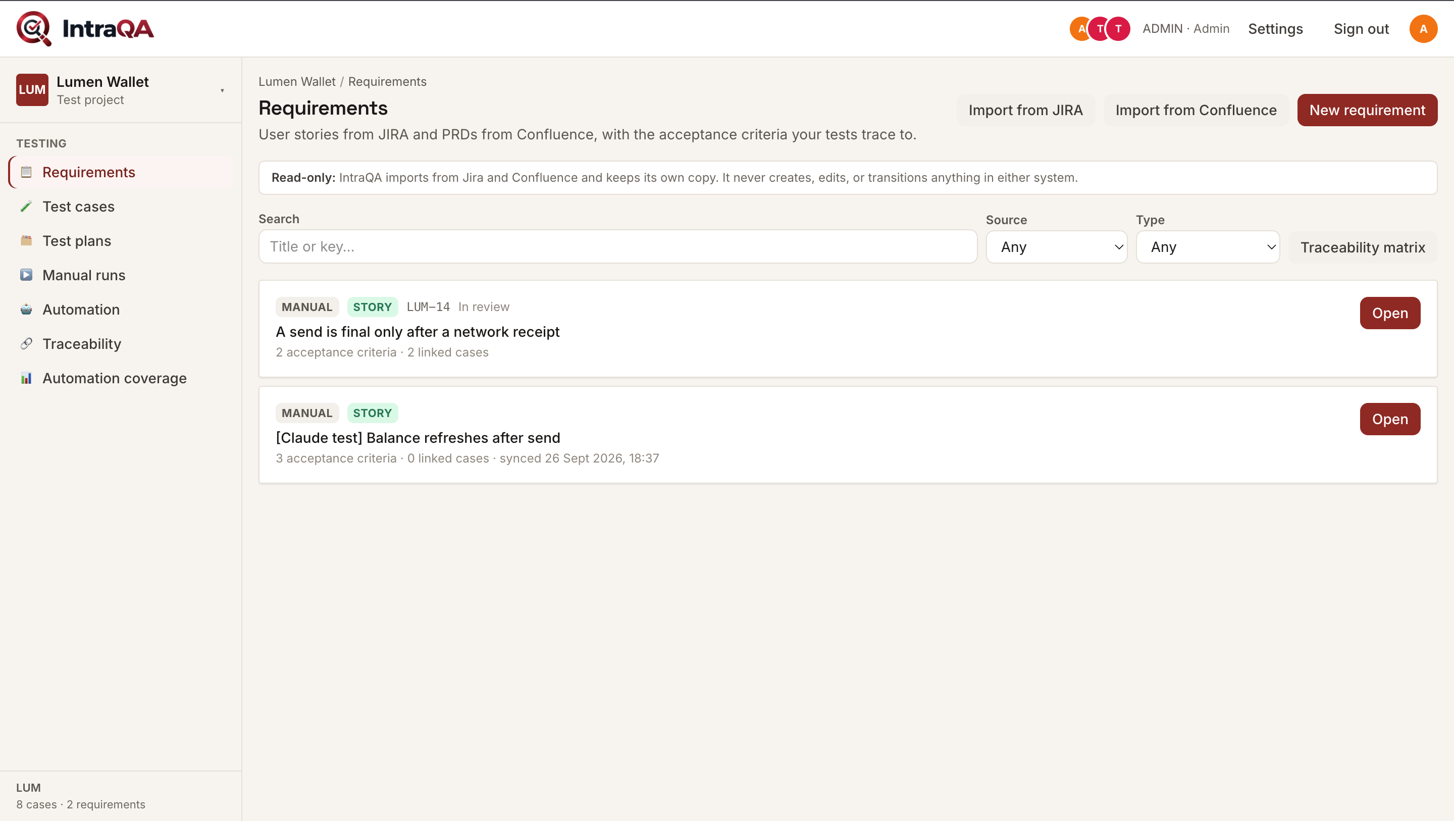 IntraQA test management: requirements for a project, with import from Jira and Confluence